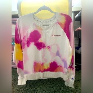 pink yellow orange and white tie dye champion crewneck